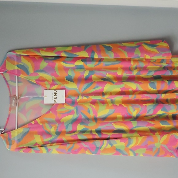 NWT SHOW ME YOUR MUMU SANTOS COVER UP VIBRANT SHEER MAXI DRESS IN NEON TROPICS - Picture 8 of 15